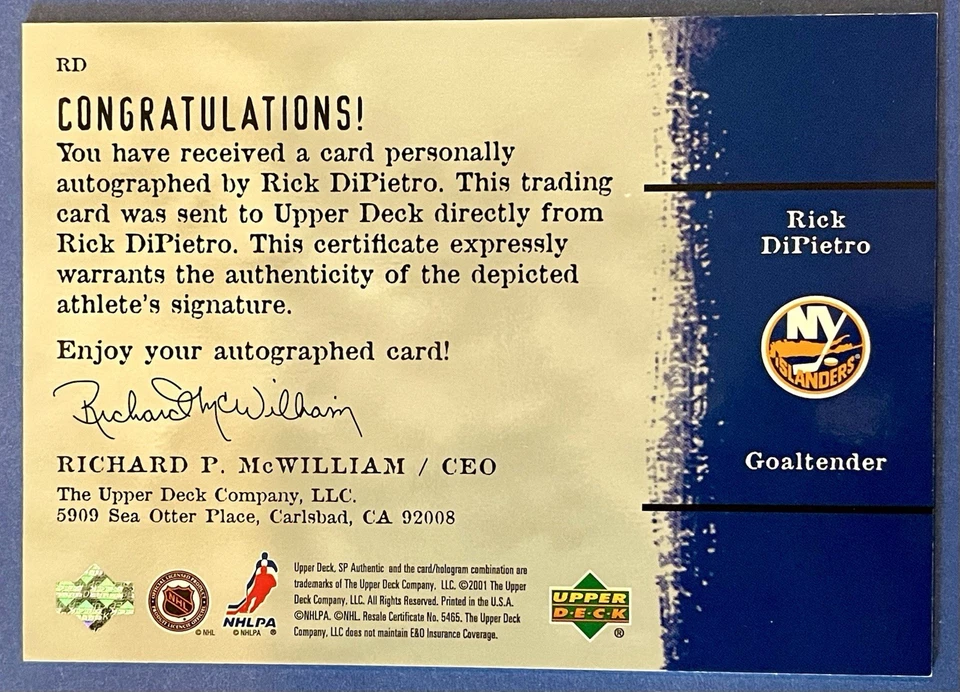 2000-01 SP Authentic Sign of the Times Rick DiPietro #RD. Lowest price listed! - Image 2 of 2