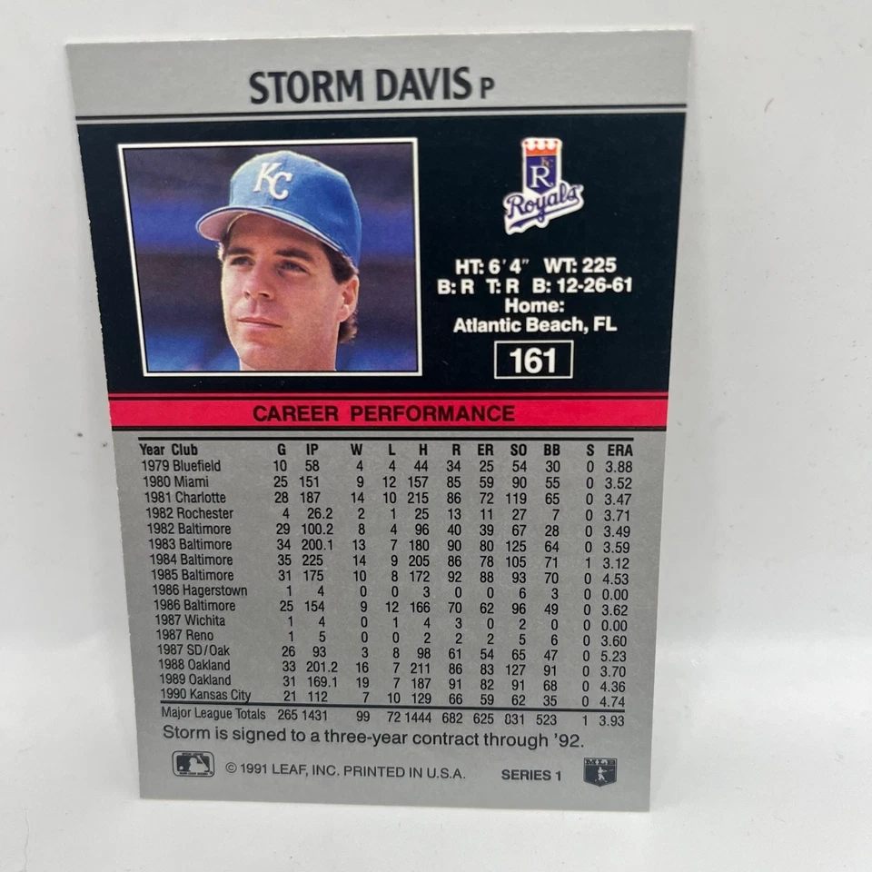 Storm Davis Kansas City Royals 1991 Leaf Baseball Card #161 - Image 2 of 2