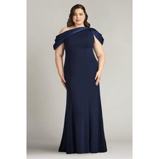 Tadashi Shoji CARLENE SHOULDER DRAPE GOWN Navy Blue 14