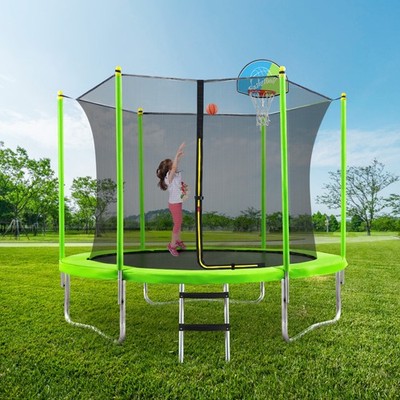 10FT Outdoor Round Trampoline with Safety Net, Basketball Hoop & Ladder