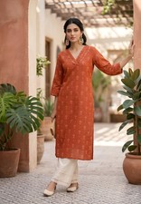 Indian Women Rust Cotton Ethnic Motifs Printed Kurta Kurti Top Tunic Style Dress
