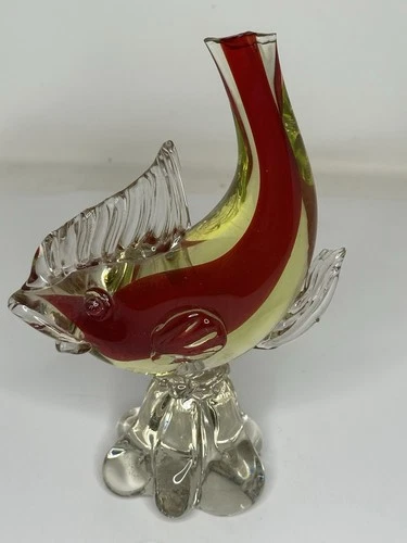 Vintage Art Glass Fish Figurine Red Yellow Clear Murano Style Hand Blown Decor