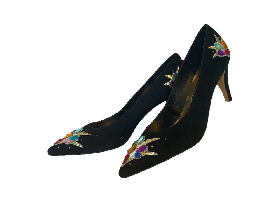 Vintage 80s J Renee Heels Shoes 7 N Black Suede Gold Embroidered Jeweled - Image 2 of 4