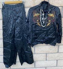 Vtg 40s 50s Chinese Silk Satin Embroidered Dragon Lounge Pajama Set Top Pants