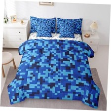 Navy Blue Camouflage 7Pcs Comforter Set Size,Geometric Checked Twin Blue Dark