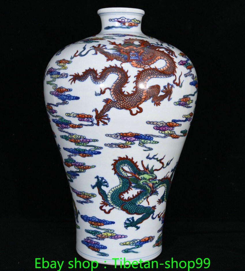 10.2''Qing Qianlong Marked Wucai Porcelain Dragon Loong Flower Bottle Vase