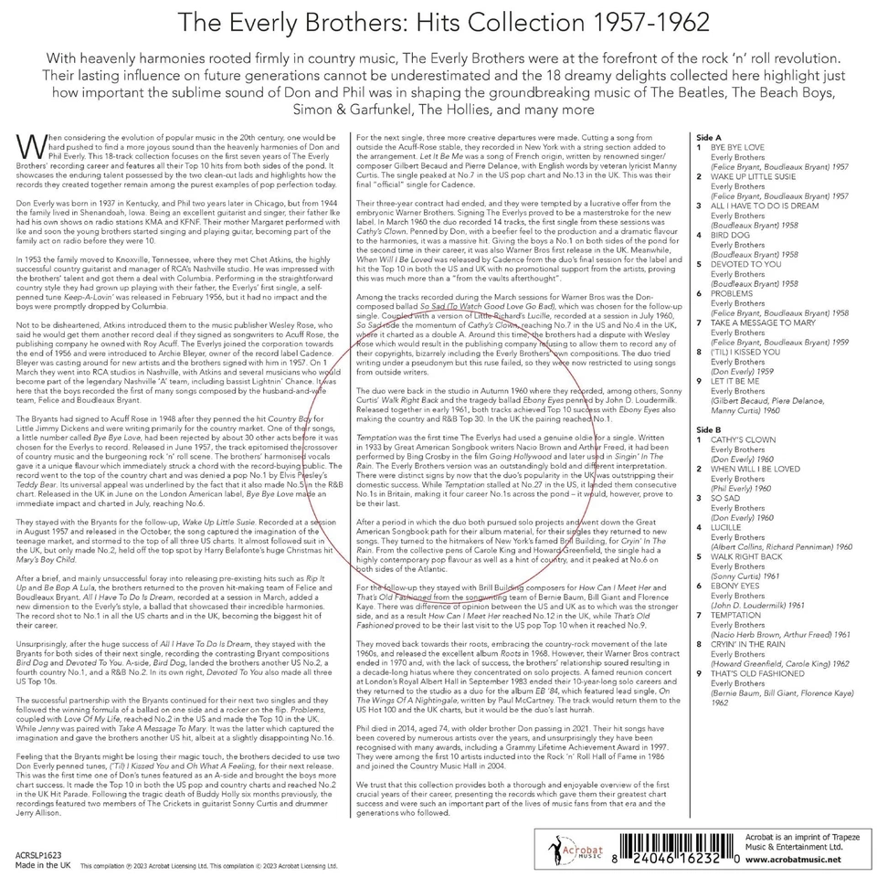 The Everly Brothers: The Hits Collection 1957-62 LP 12" Vinyl Record 140g Black - Image 2 of 4