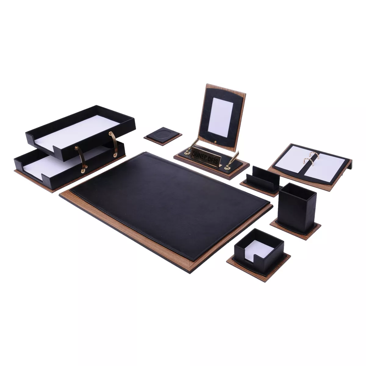 Star Luxury Leather Wood Desk Set 11 Pcs with Double Tray Desk Organizer Black