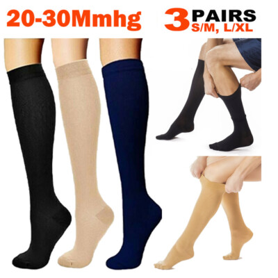 3 Pairs Compression Socks Nurse Women's 20-30 mmHg Running Knee High Stockings