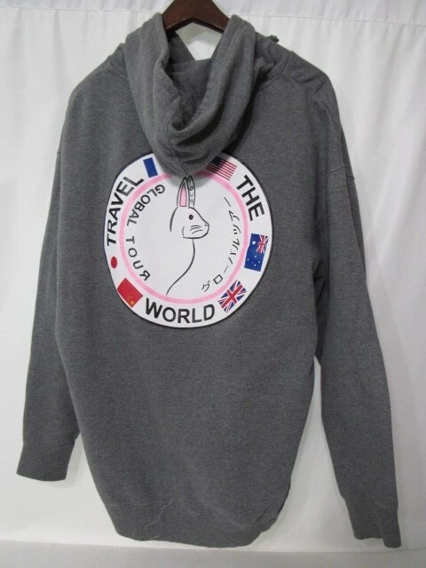 Global Tour Made To Travel the World Grey Kango Pocket Back Logo Hoodie Sz L