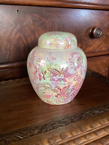 Vintage 6.5” Maling pearl lustre ginger jar vase & cover butterflies, birds etc - Picture 2 of 24