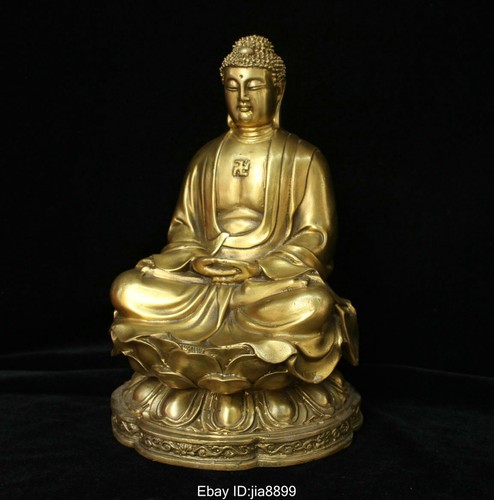 9.2" Chinese Tibet Buddhism Brass Seat Louts Shakyamuni Amitabha Buddha Statue - 第 7/11 張圖片