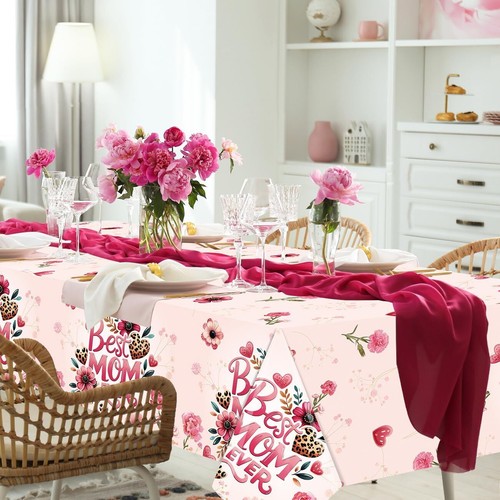 Mothers Day Decorations 3Pcs Pink Floral Best Mom Ever Tablecloth Plastic Dispos - Picture 5 of 6