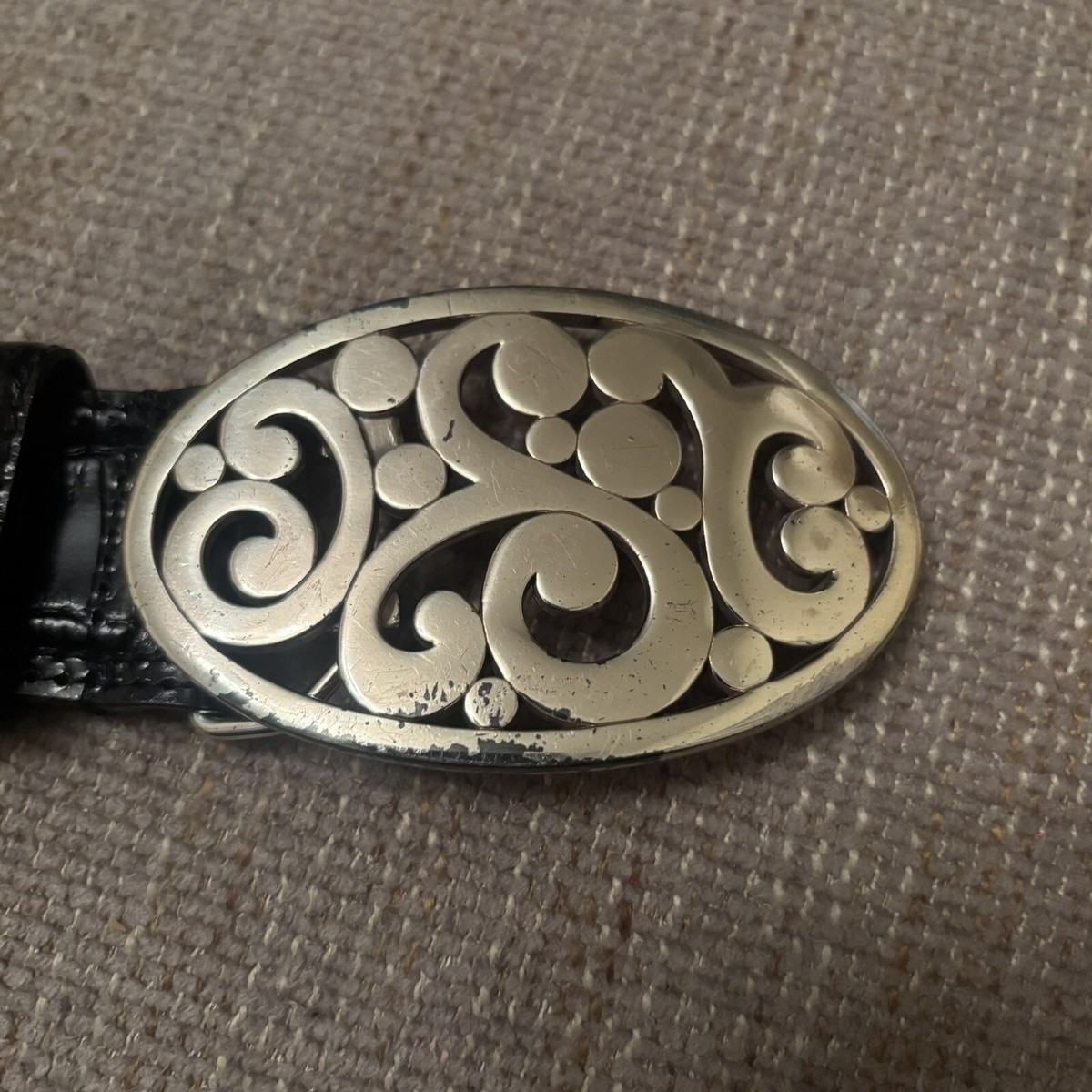 Vintage Womens Brighton Black Leather Belt Silver Buckle 34 