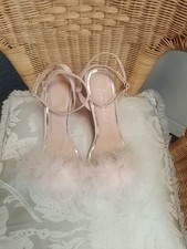 NEW* New Look Nude Maribou Feather  Sandals  Block Heels Ankle Straps UK 8 EU 41