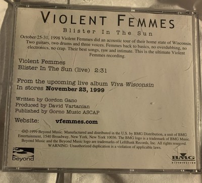 VIOLENT FEMMES ''Blister in the Sun'' ( Live ) PROMO Music Single 1999 Used Rare