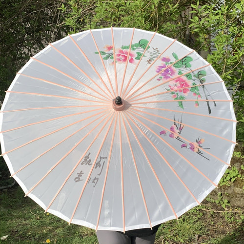 Vintage Floral Parasol Umbrella, White fabric with Bamboo, Hand Painted  