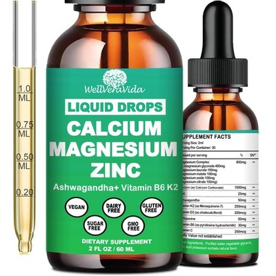 Calcium Magnesium Zinc Liquid Drops, Supplement with Vitamin 2 Fl/Oz
