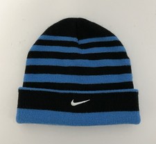 Nike Black  Blue Striped Beanie Hat Youth Size Embroidered Logo Cap