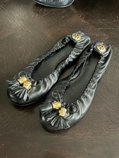 Tory Burch Reese Black Patent Tassels Slip On Casual Ballet Flat Shoes Size 8