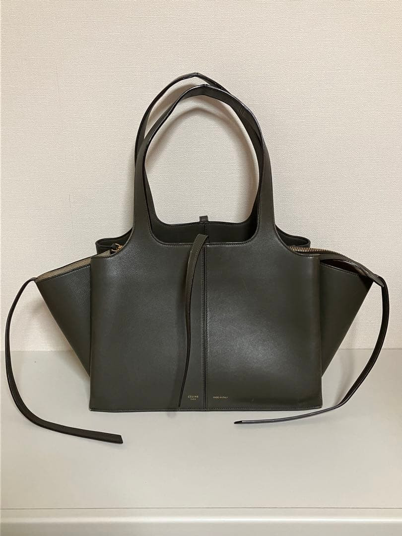 Celine Tri-Fold Shoulder Bag Medium Dark Gray Leather Used Good Rare From Japan