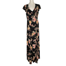 Forever 21 Womens Medium Black Floral Maxi Dress V Neck Cap Sleeve Contemporary