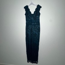 Tadashi Shoji Teal Floral Lace V-Neck Gown Pintuck Waist Maxi Dress Size 10