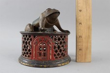19thC Antique J&E STEVENS Painted Cast Iron Mechanical Frog Bank, NO RESERVE