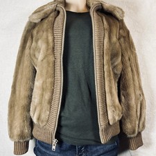 Vintage Lilli Ann Tan Faux Fur Full Zip Bomber Jacket Women  s Medium Ribbed Trim