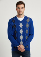 Club Room Men s Argyle V-Neck Sweater Blue 100 Cotton Size Small S Cargo Blue