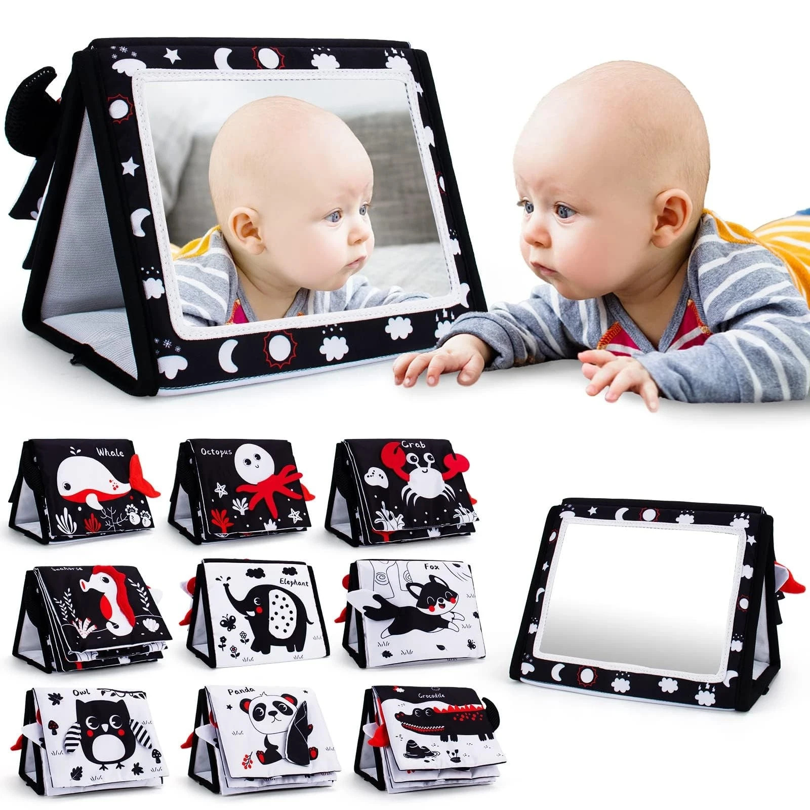Tummy Time Mirror, Baby Tummy Time Toys with Soft Book, Black and White High ...