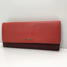 COACH Saffiano Leather Wallet Slim Card Snap Closure Two Tone Coral Brown READ