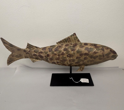 Vintage Pier 1 Metal Sculpted Fish on Stand Rustic Brown Mottled Freshwater