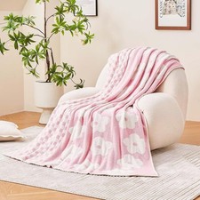 Checkered Throw Blanket Pink Super Soft Knit Breathable Throw Blanket Cozy Fl...
