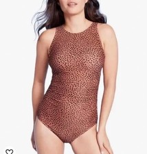 Women  s Kona Sol Brown Animal Print Onepiece Swimsuit 14 Retail 46 NWT