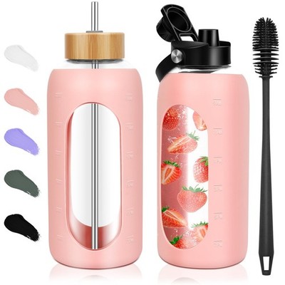 	FULBEVY Glass Water Bottles 64 oz - Half Gallon Large Motivational Daily Water	