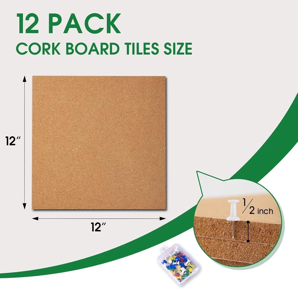 Durable 12x12 Inch Cork Board Tiles - 12 Pack with Push Pins for DIY Display - Image 4 of 4