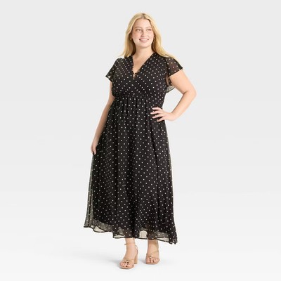 Women's Dolman Short Sleeve Maxi A-Line Dress - A New Day Brown/Cream Polka Dots M Women's Dolman Short Sleeve Maxi A-Line Dress - A New Day Brown/Cream Polka Dots M