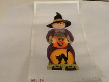 Handpainted Needlepoint Canvas Witch-Pumpkin-Cat - Halloween - New -  3-5