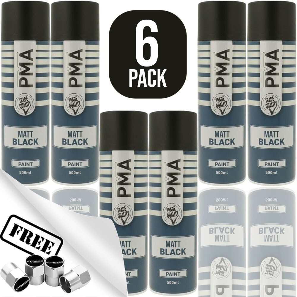 6x PMA Professional MATT BLACK Spray Paint 500ml Cans Fast Drying PCPA1001 +Caps