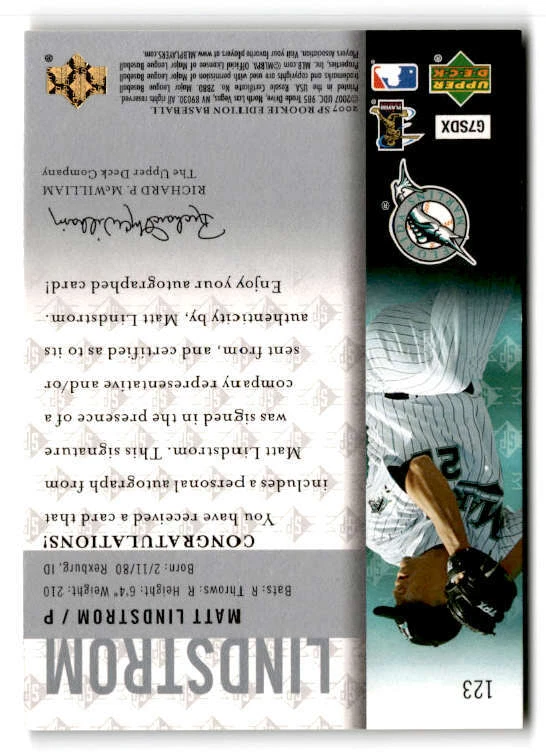 2007 SP Rookie Edition AUTO #123 Matt Lindstrom (ref 205558) - Image 2 of 2