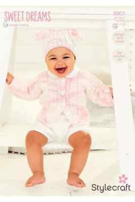 Strickjacke, Hut mit Bommel Bommel & Fäustlingen für Baby Stylecraft Strickmuster 9901
