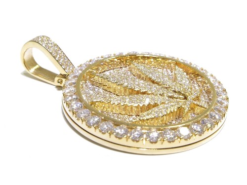 Mens 14k Yellow Gold 11.00ct White Diamond Round Marijuana Cannabis Leaf Pendant - Picture 3 of 9