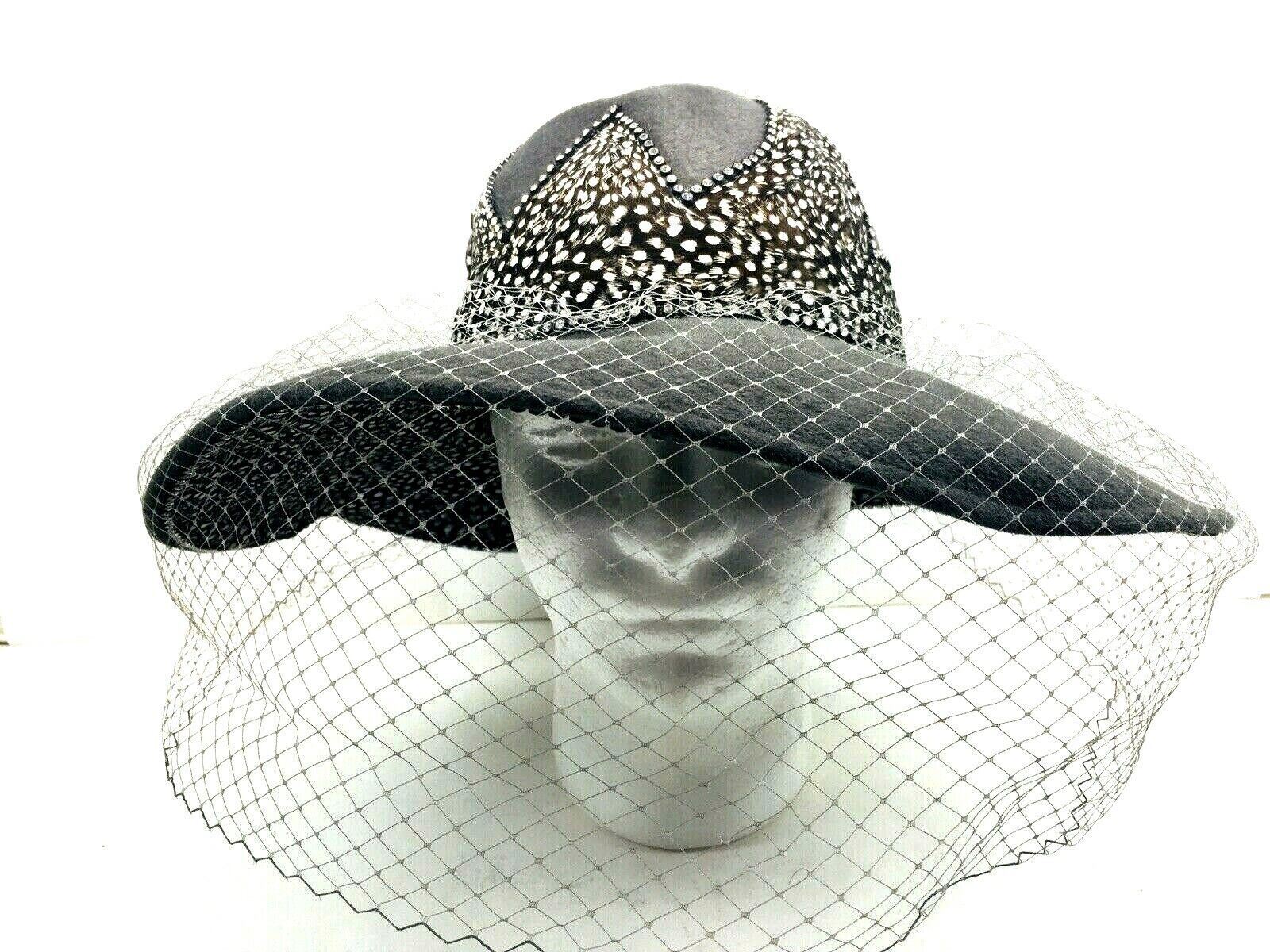 Vintage Jack McConnell Women’s Hat Gray Feathers Rhinestone Veil Red Feather image 4