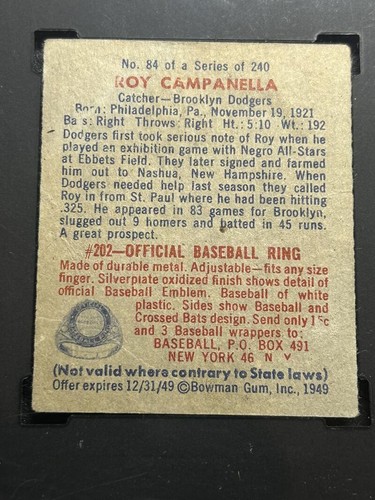 1949 Bowman #84 Roy Campanella RC/Rookie Dodgers HOF SGC 2.5 GD+ G-VG - Picture 7 of 7