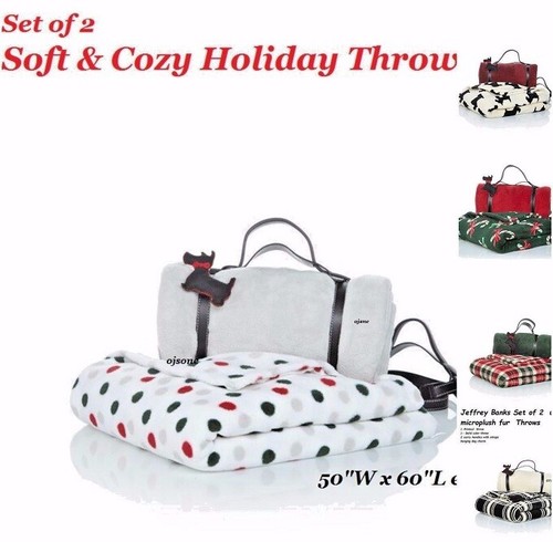 Jeffrey Banks Set of 2 "Holiday Candy" Polka Dot Micro plush fur Throws w/ Charm - Picture 4 of 10