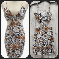 BAILEY ROSE 70's Retro Orange, Black & White Cutout Bodycon Mini Dress Size MED