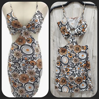 BAILEY ROSE 70's Retro Orange, Black & White Cutout Bodycon Mini Dress Sz SMALL