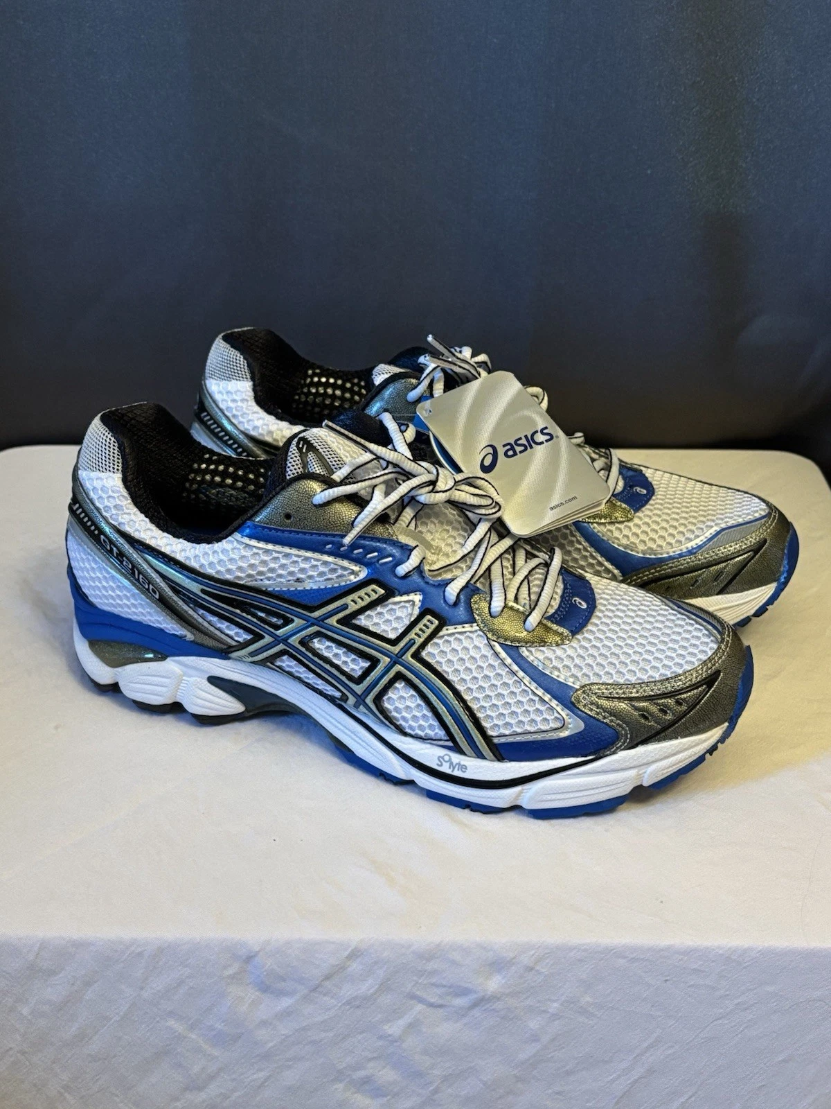 Asics GT 2160 Uomo Taglia 9 Bianco Blu Nero GEL Duomax Athletic T104N Runner Vintage