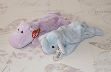 2 x Retired TY Beanie Babies. PEANUT the Elephant & HAPPY the Hippo. BNWT